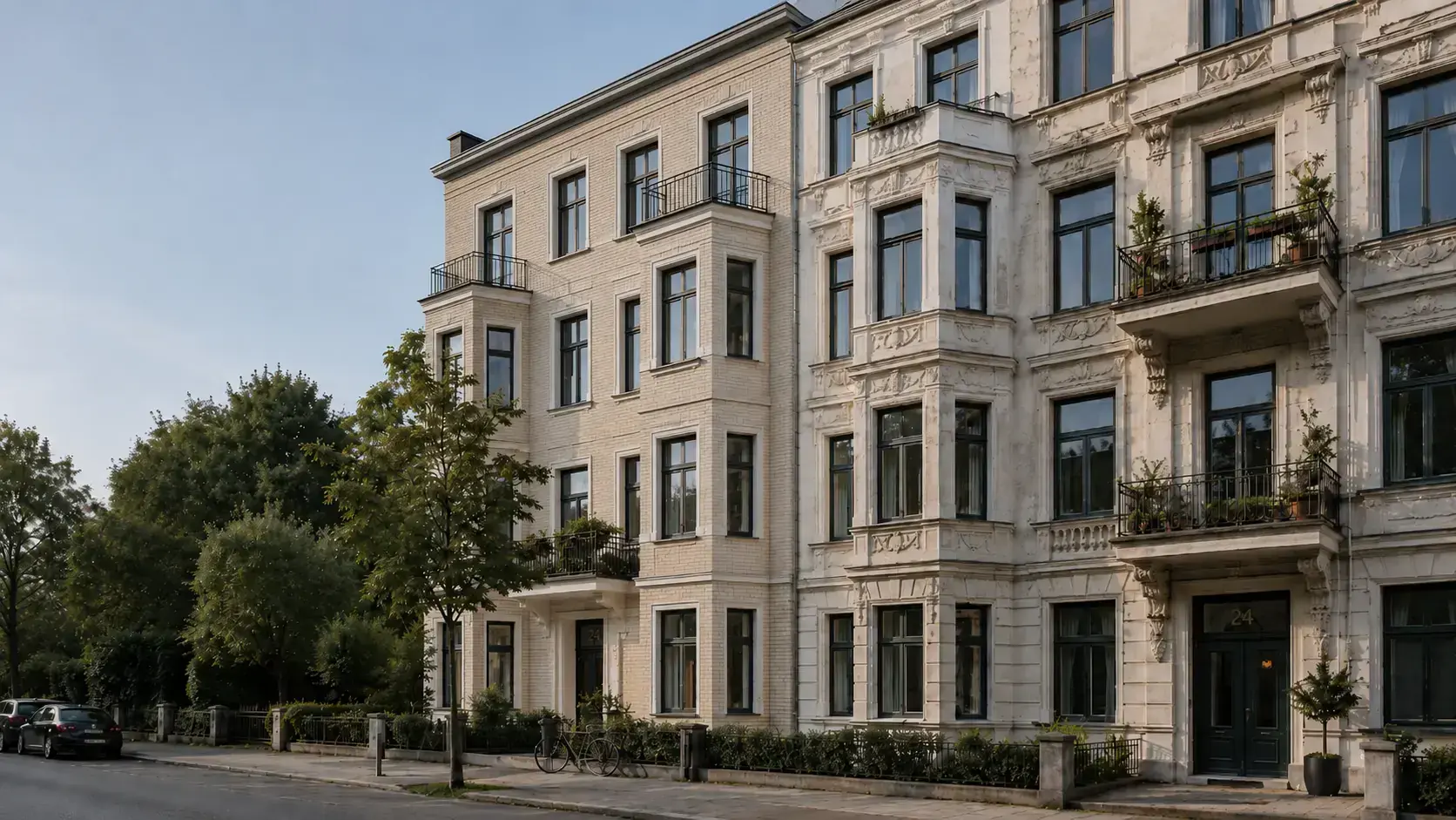 Klassizistische Stuckfassade eines Hamburger Mehrfamilienhauses im Bestand.